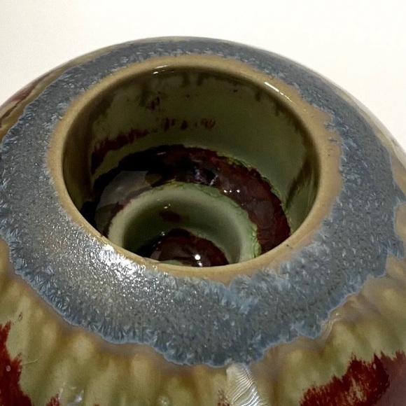 Rust, Tan and Blue Crystalline Drip Glaze Ceramic Round Ball Votive Candleholder - Picture 5 of 7